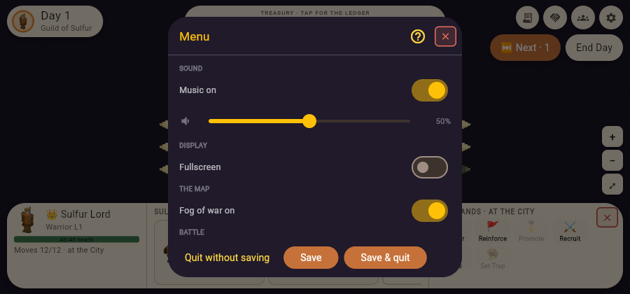 The settings menu